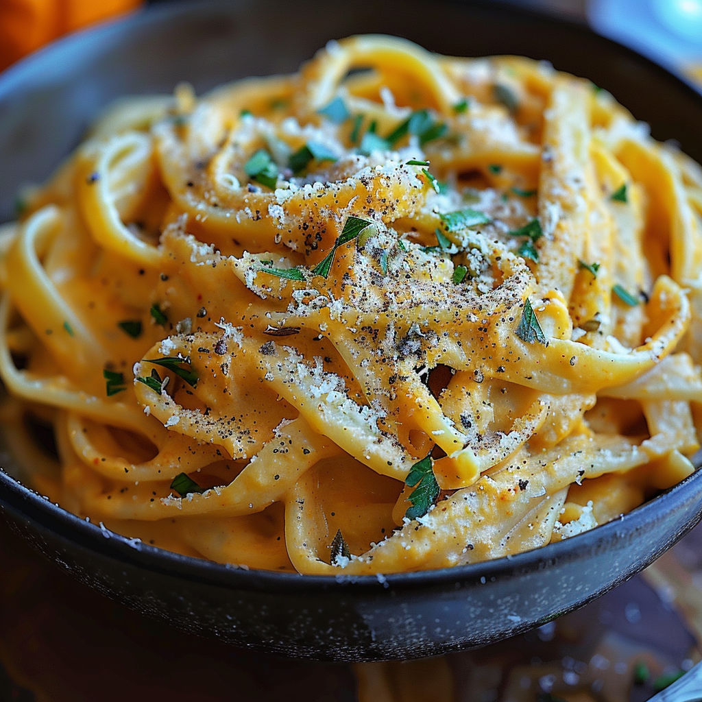 A bowl of creamy pumpkin alfredo pasta.