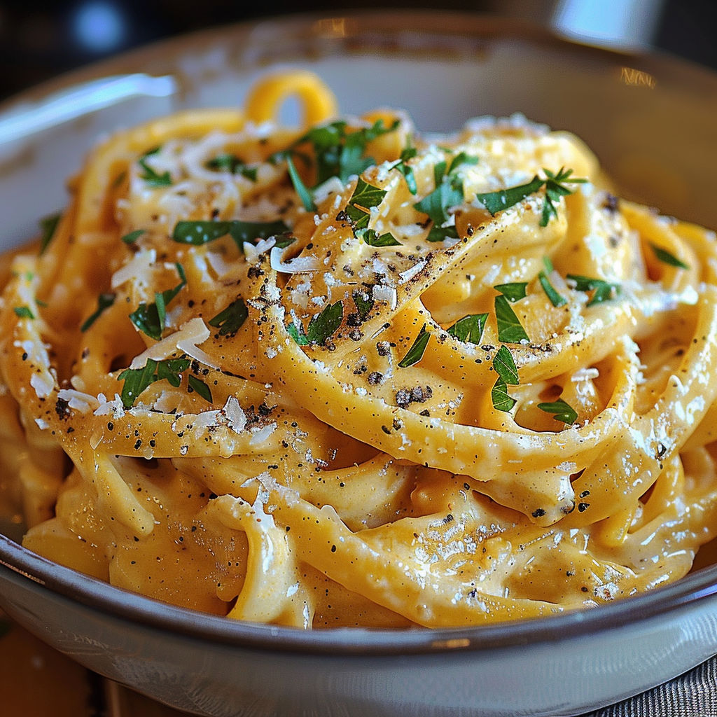 A bowl of creamy pumpkin alfredo pasta.
