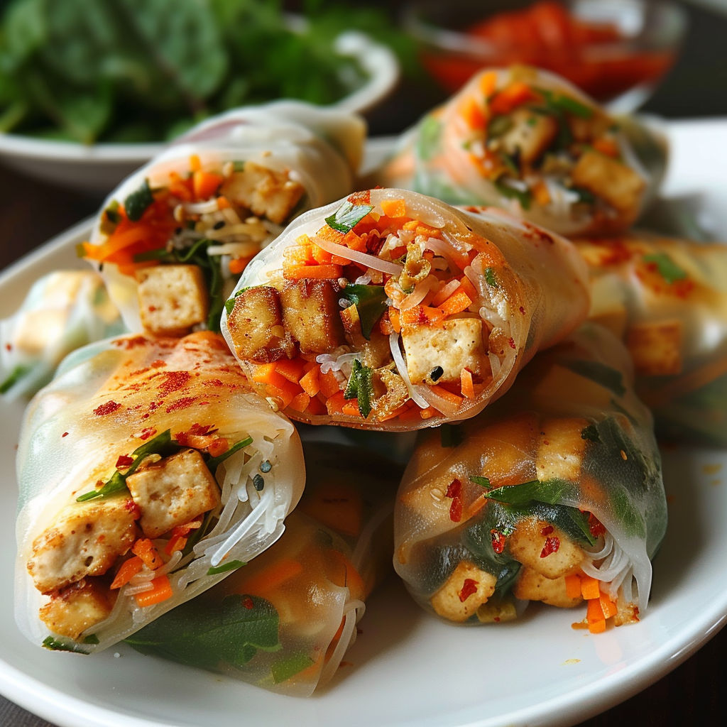 A plate of spring rolls with meat and vegetables.