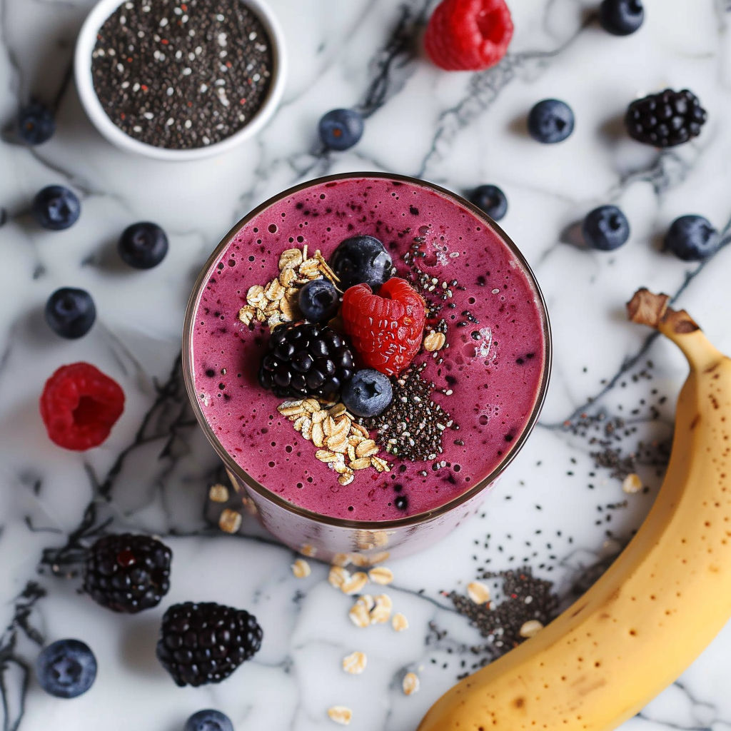 A glass of a high fiber fruit smoothie with a banana and blueberries.