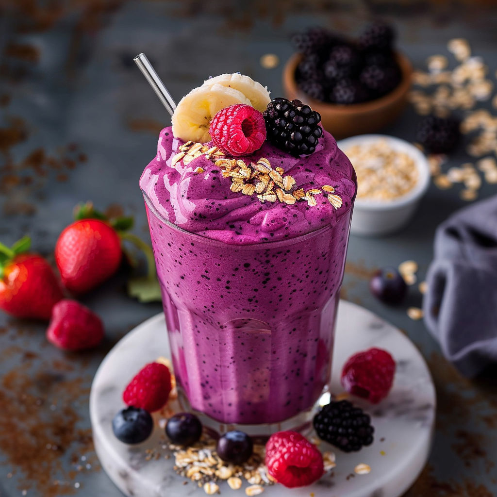 A glass of a high fiber fruit smoothie with a strawberry on top.