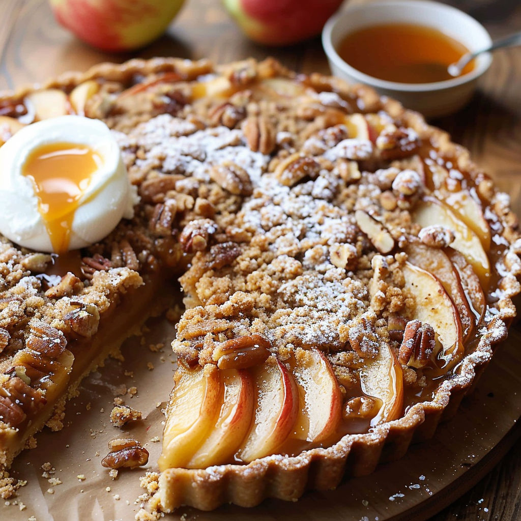 A slice of gluten free caramel apple tart.