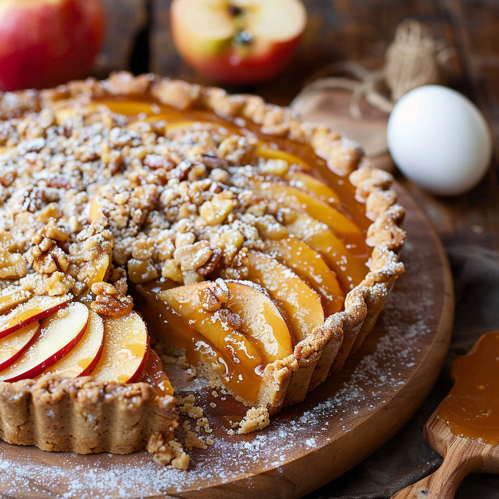 A slice of gluten free caramel apple tart.