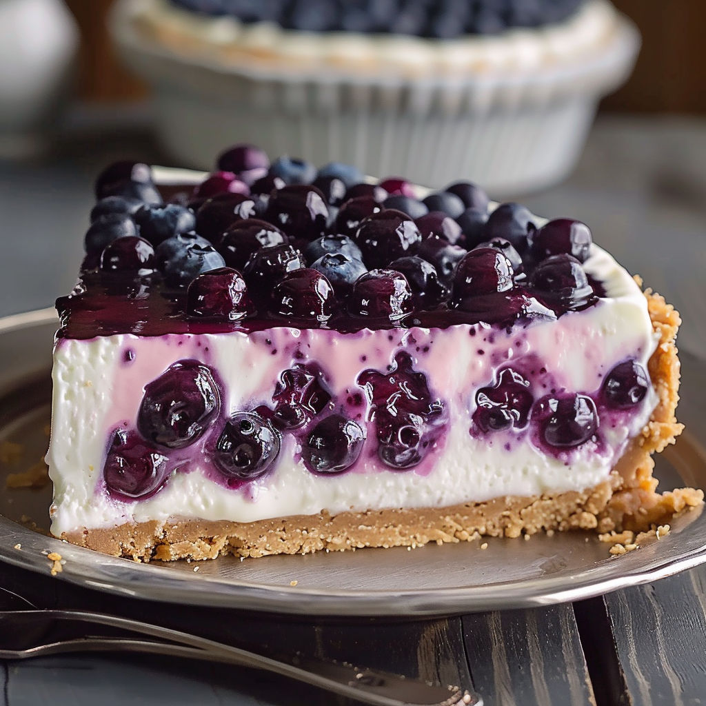 A slice of blueberry cheesecake on a plate.