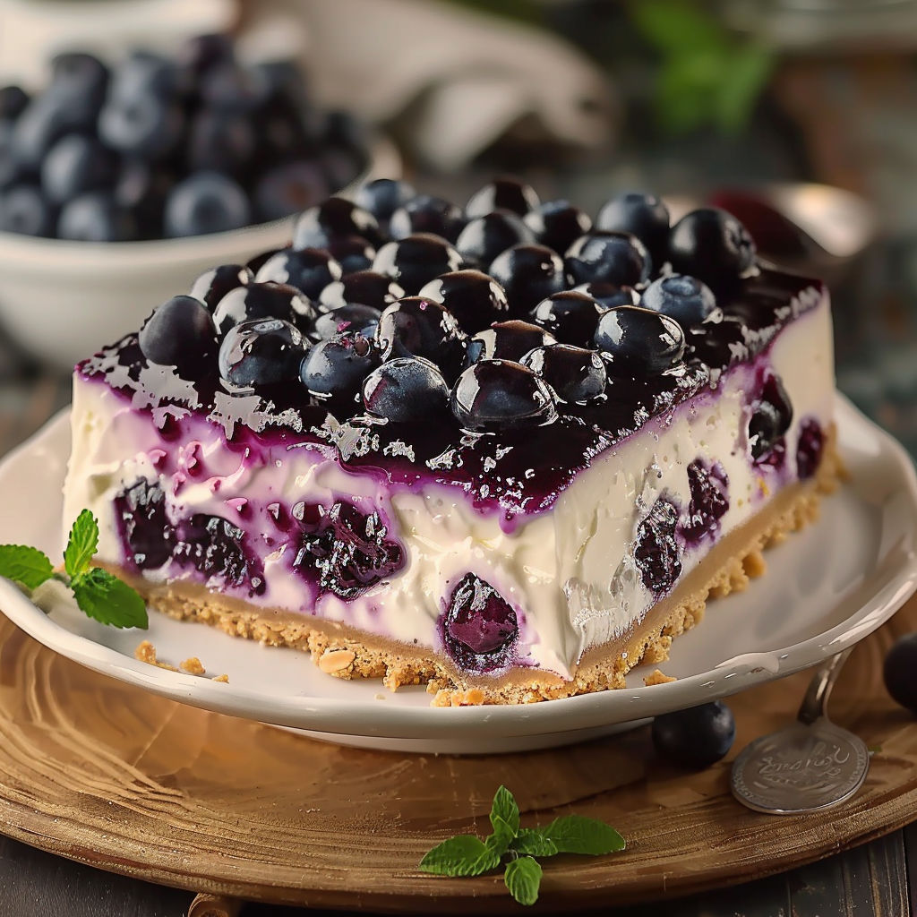 A slice of blueberry cheesecake on a plate.