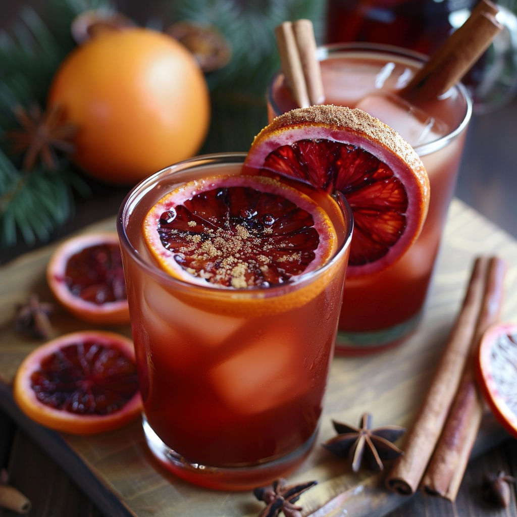 Two glasses of witches brew with orange slices.