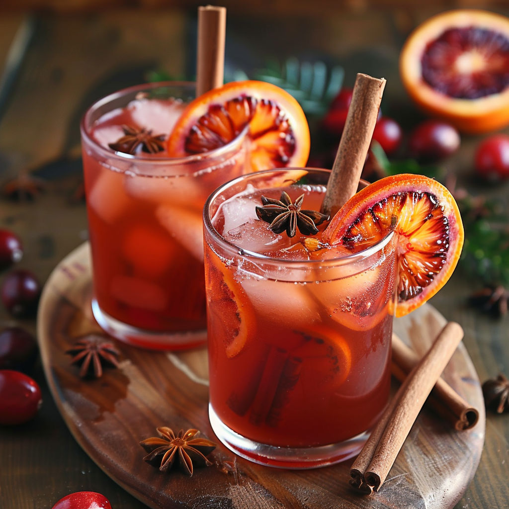 Two glasses of red drink with orange slices in them.