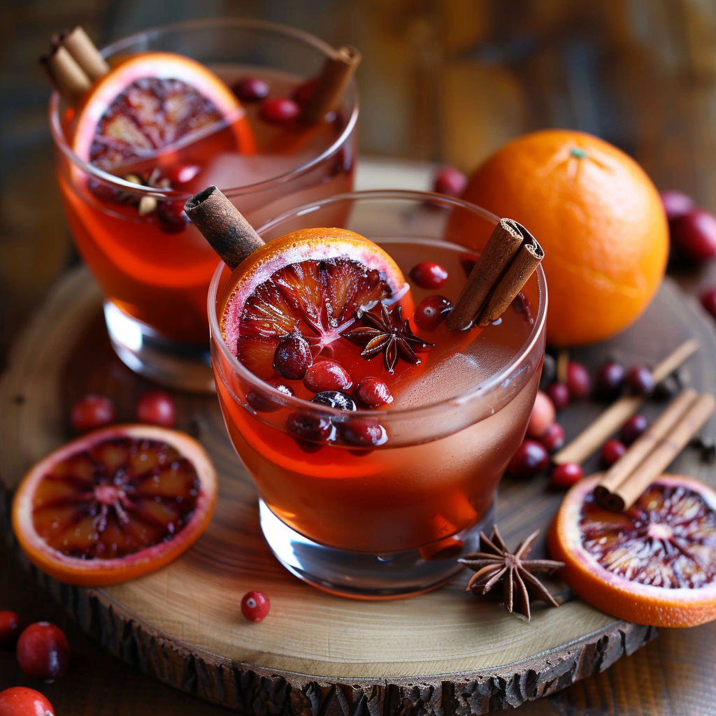 Two glasses of red wine with cinnamon sticks in them.