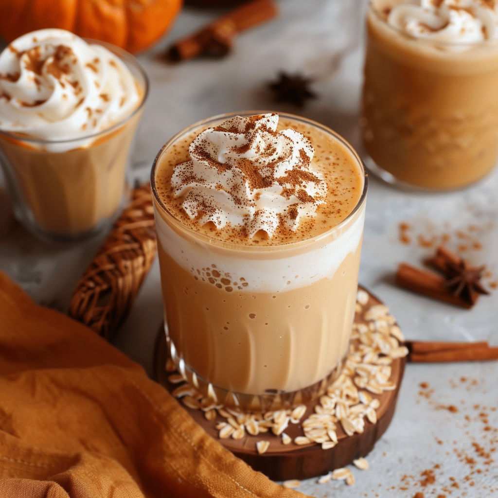 A glass of pumpkin spice milk with whipped cream on top.