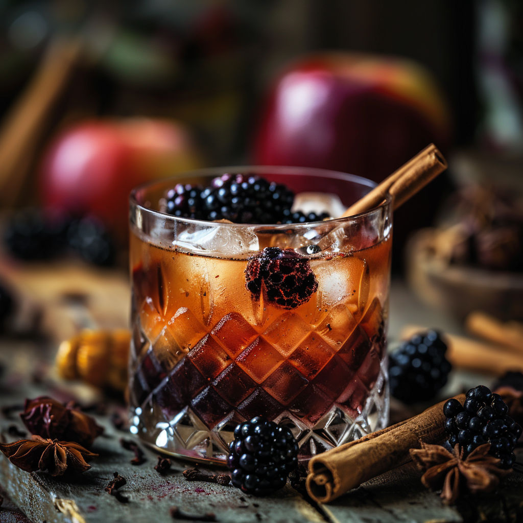 A glass of blackberry bramble with a cinnamon stick in it.