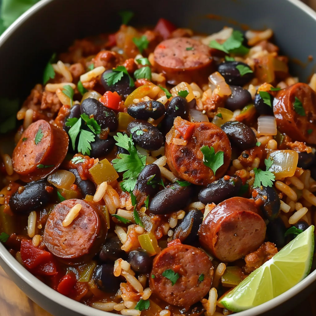 A bowl of hearty black beans and rice with sausage.