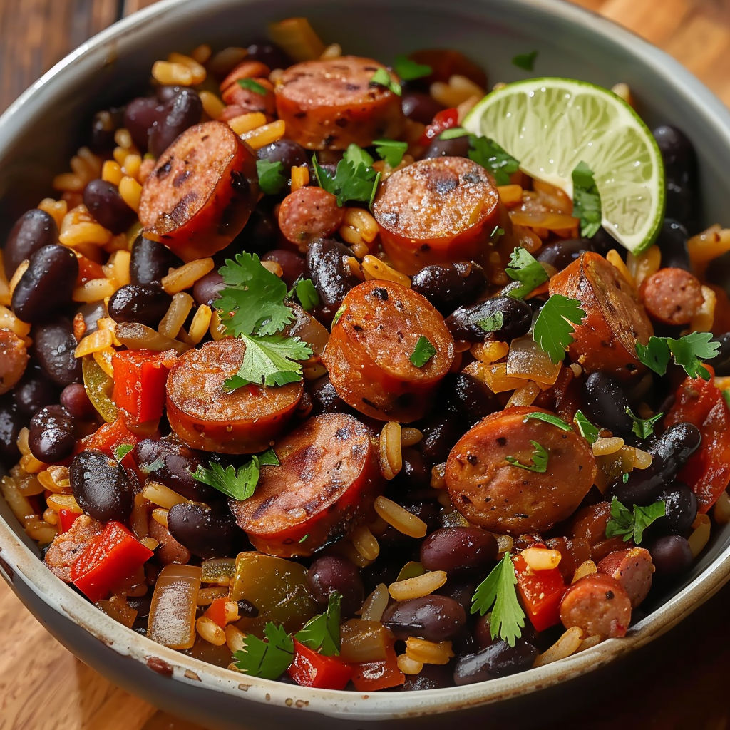 A bowl of hearty black beans and rice with sausage.