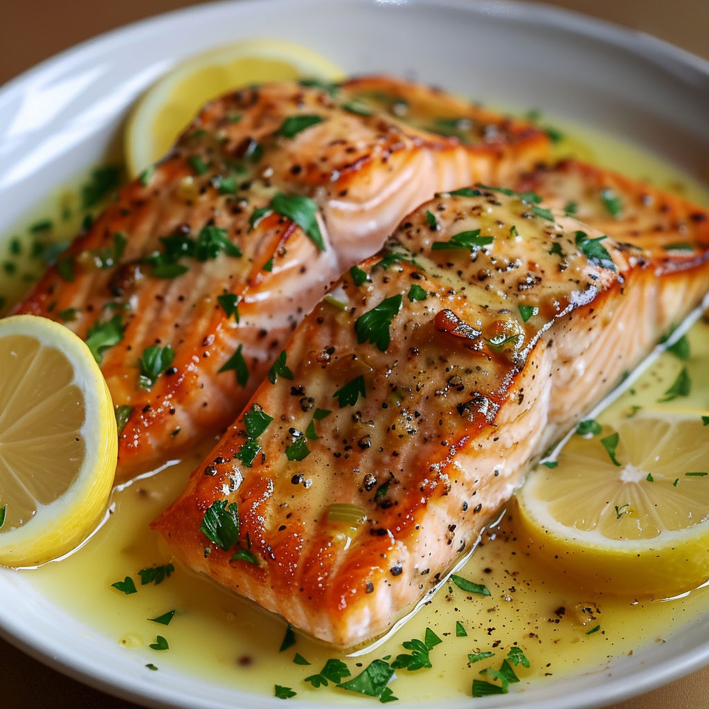 A plate of salmon with garlic lemon butter sauce.