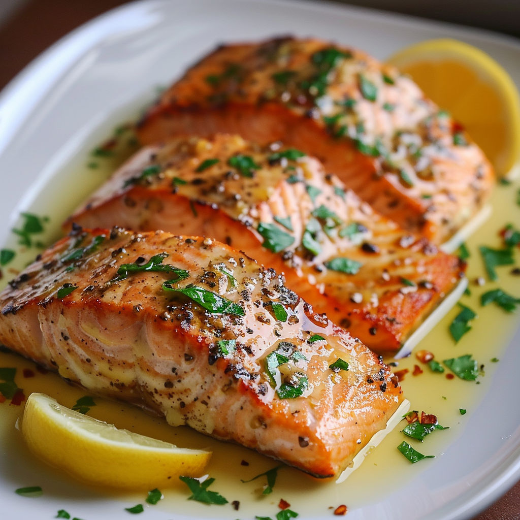 Salmon with garlic lemon butter sauce.