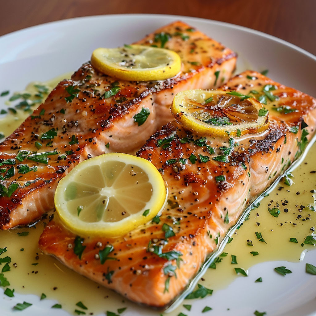 A plate of salmon with garlic lemon butter sauce.