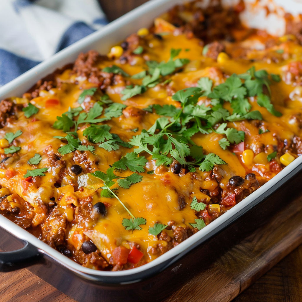 A beef enchilada casserole in a white dish.