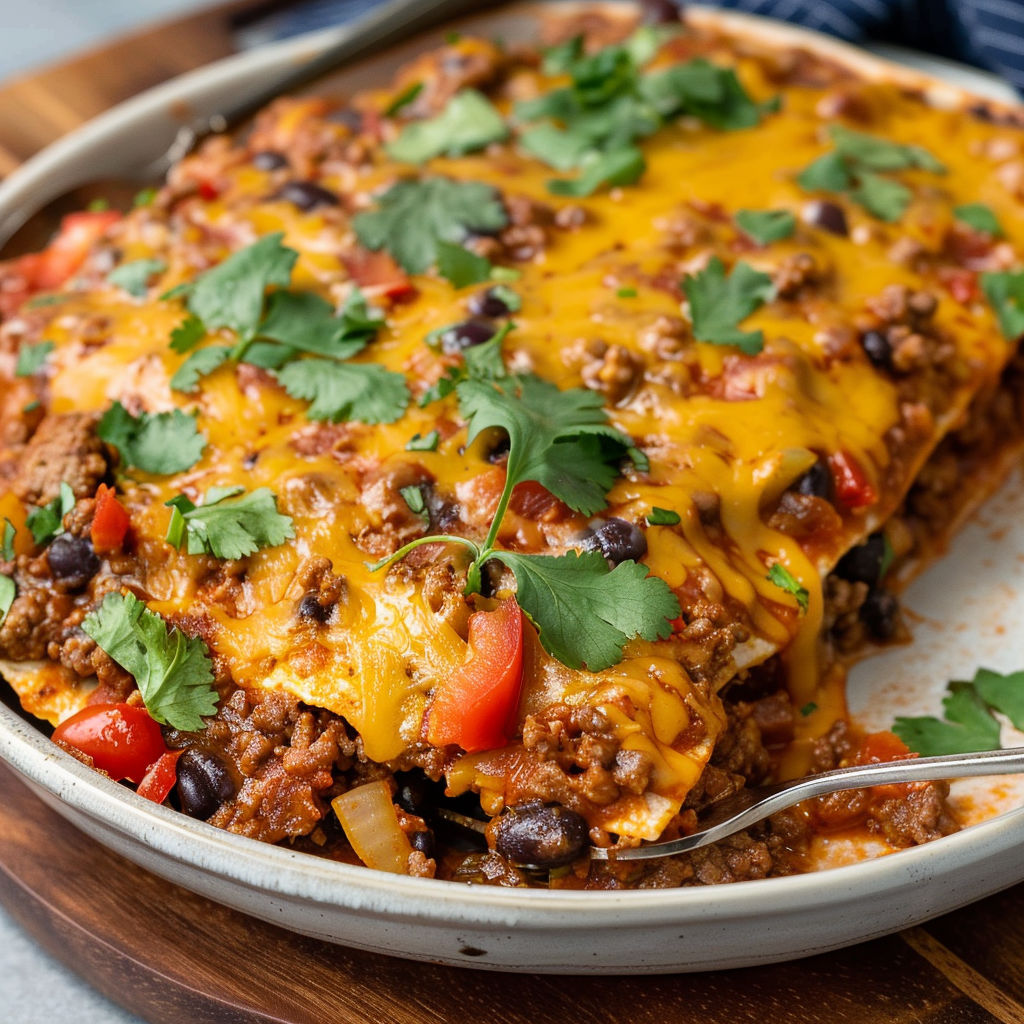 A delicious beef enchilada casserole recipe.