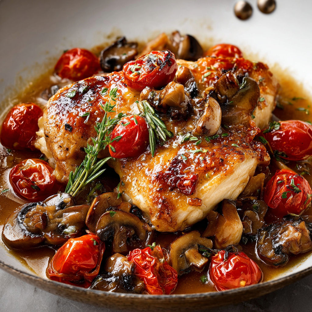 A plate of chicken with mushrooms and tomatoes.