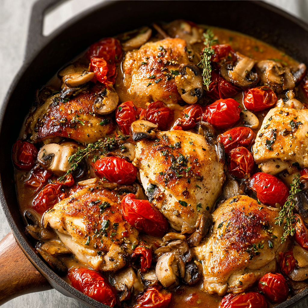 A pan of chicken with mushrooms and tomatoes.