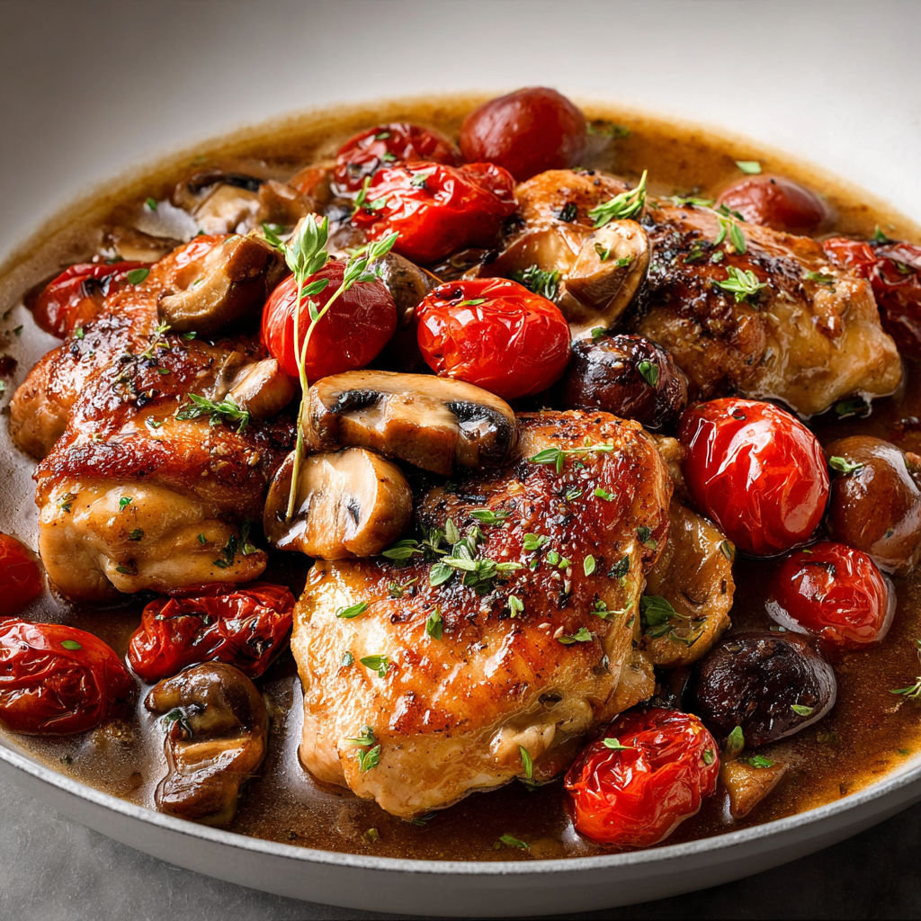 A plate of food with tomatoes, mushrooms, and chicken.