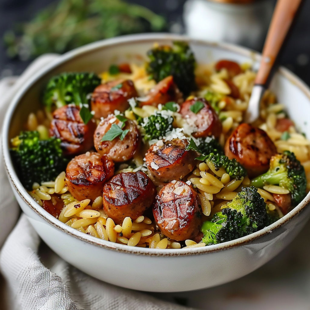 A bowl of chicken sausage and broccoli orzo.