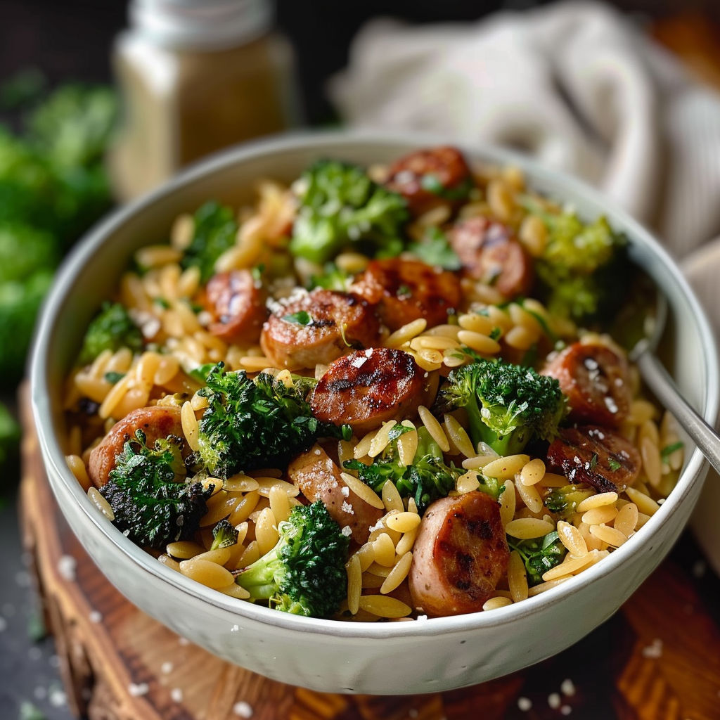 A bowl of chicken sausage and broccoli orzo.