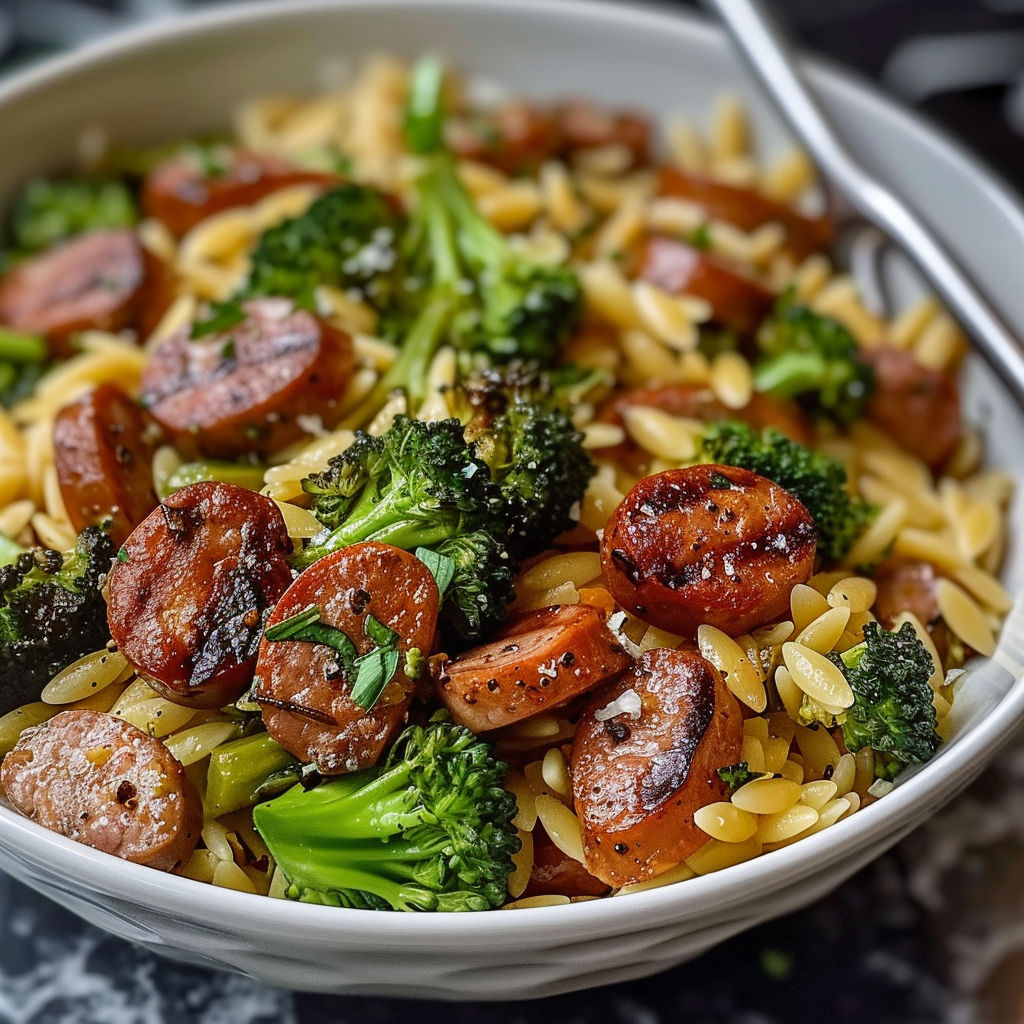 A bowl of chicken sausage and broccoli orzo.