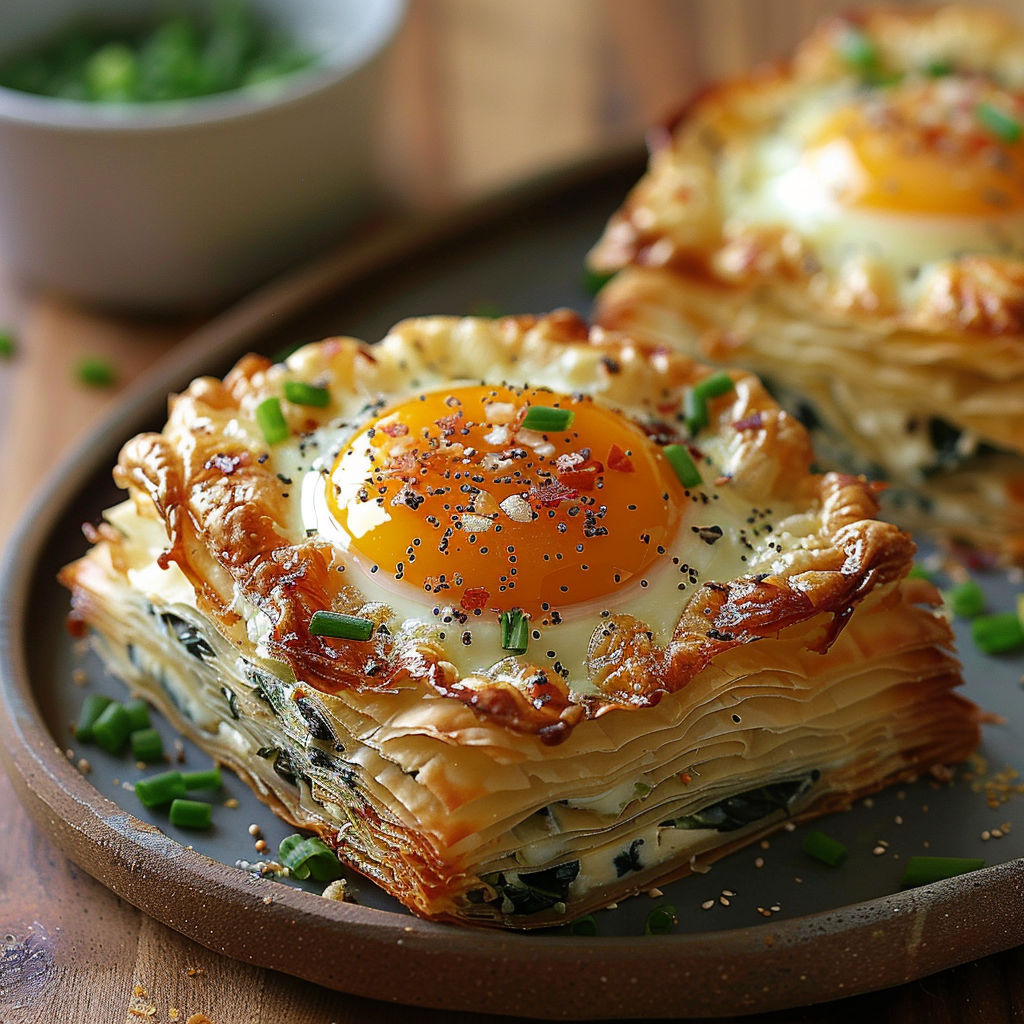 Two baked eggs napoleon with a fried egg on top.
