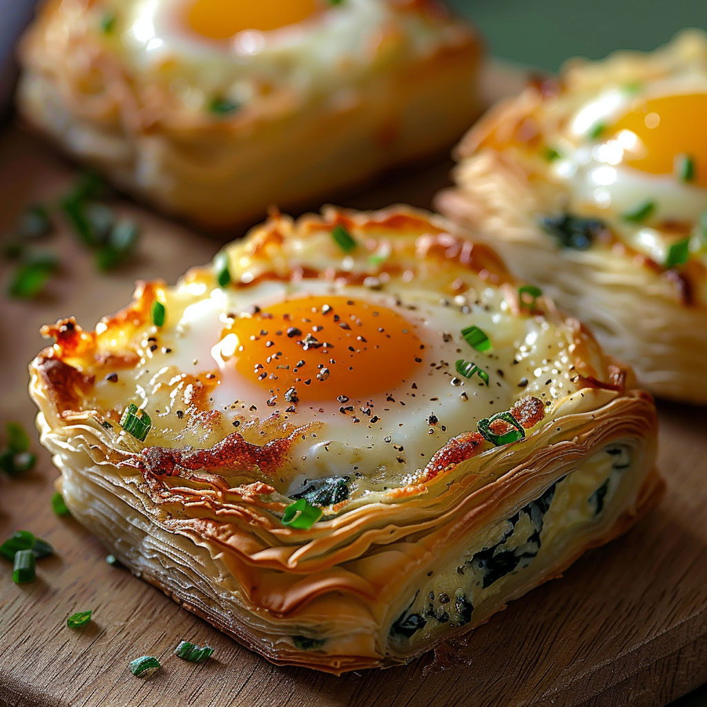 Two baked eggs napoleons with a fried egg on top.