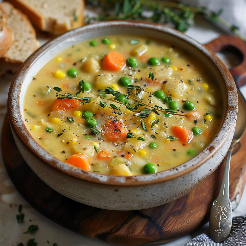 A bowl of soup with carrots and peas.