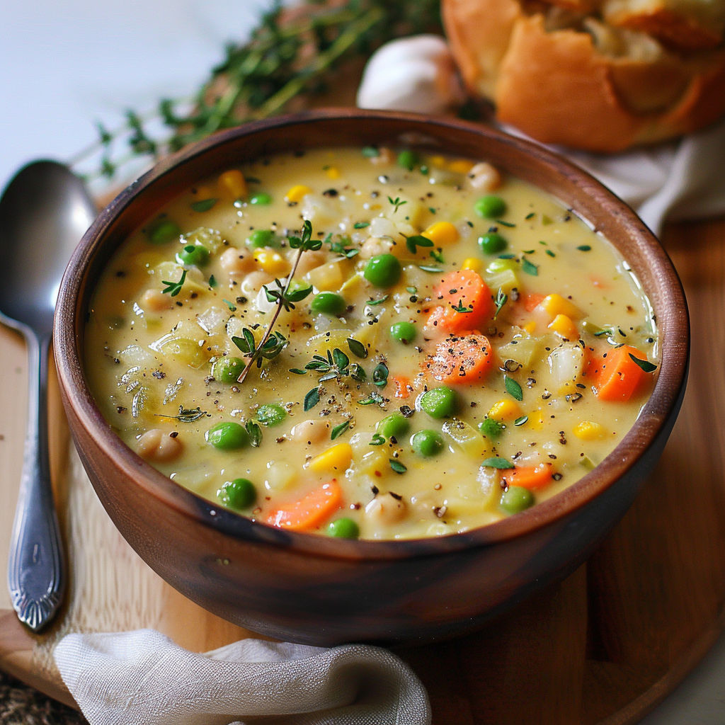 A bowl of soup with peas, corn, and carrots.