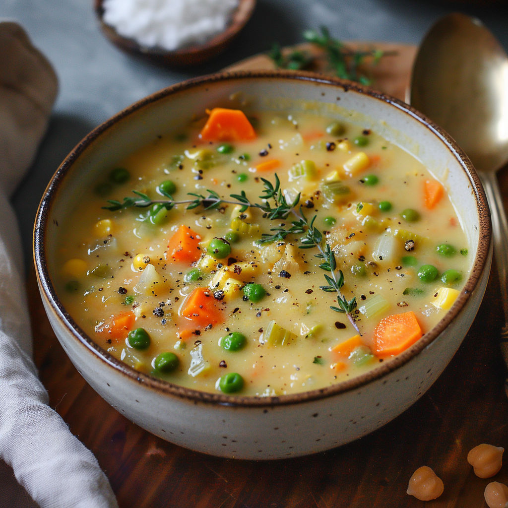 A bowl of soup with peas, corn, and carrots.