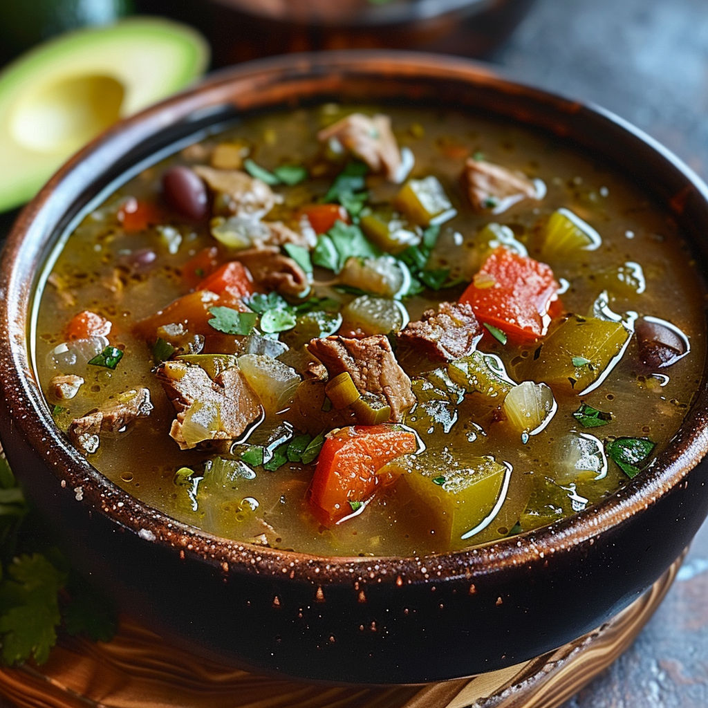 A bowl of soup with meat and vegetables.