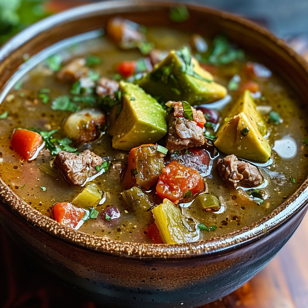 A bowl of soup with meat and vegetables.