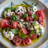 A plate of food with tomatoes, cheese, and basil.