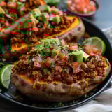 A plate of food with a pile of meat and vegetables.