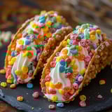 Two colorful tacos with white cream.