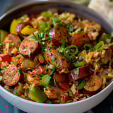 A bowl of rice with sausage and vegetables.