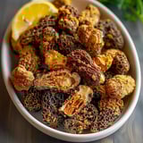 A bowl of mushrooms with a lemon wedge on top.