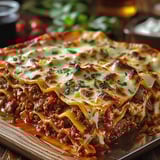 A delicious lasagna with meat and cheese.