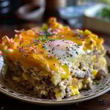 A plate of food with a fried egg on top.