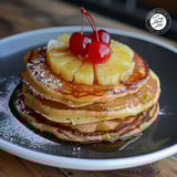 A stack of pancakes with a cherry on top.