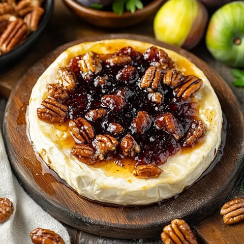 A round brie cheese topped with a layer of fruit preserves and toasted pecans, served on a wooden platter alongside fresh figs and green fruit.
