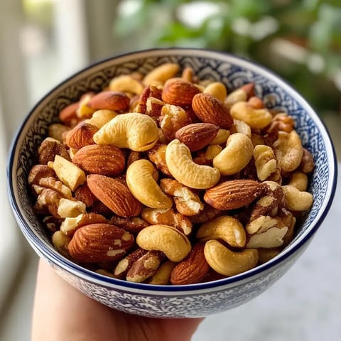 A hand holds a blue and white patterned bowl filled with a variety of mixed nuts, including almonds, cashews, and walnuts.