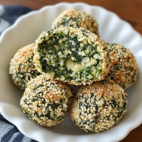 A close-up image of a bowl filled with crispy spinach and cheese balls, one of which is cut in half to reveal its green filling.