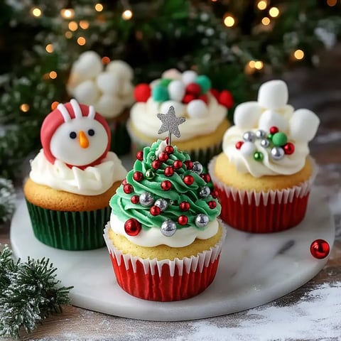 A festive display of decorated holiday cupcakes featuring a Christmas tree, an owl, and various colorful decorations on a marble platter.