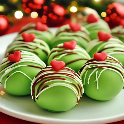 A plate of festive green chocolate truffles decorated with white and dark chocolate drizzles and topped with small red heart-shaped candies.