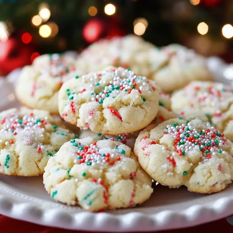 A plate of festive cookies decorated with red and green sprinkles, set against a blurred background of holiday lights.