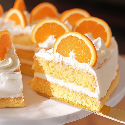 A slice of moist yellow cake with layers of cream and topped with orange slices.