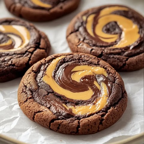 A close-up of chocolate cookies featuring a creamy swirl of peanut butter in the center.